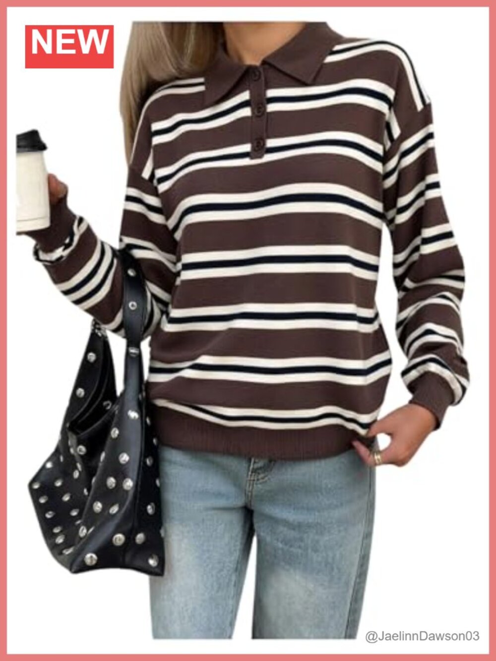 Rugby Shirt Preppy Striped Long Sleeve Pullover Sweater Collared Knit Top
